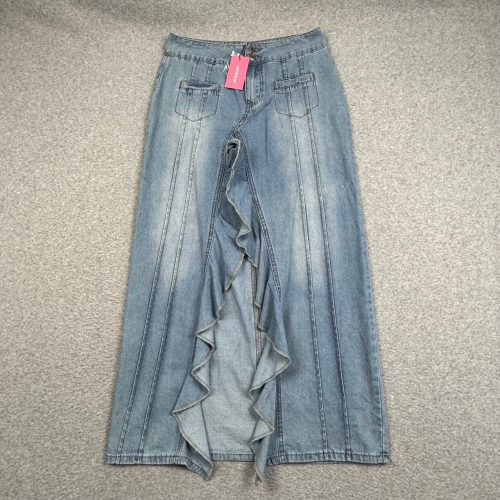 Edikted Denim Maxi Skirt Light Wash Ruffle Front Slit Y2K Blue Women Size M NEW